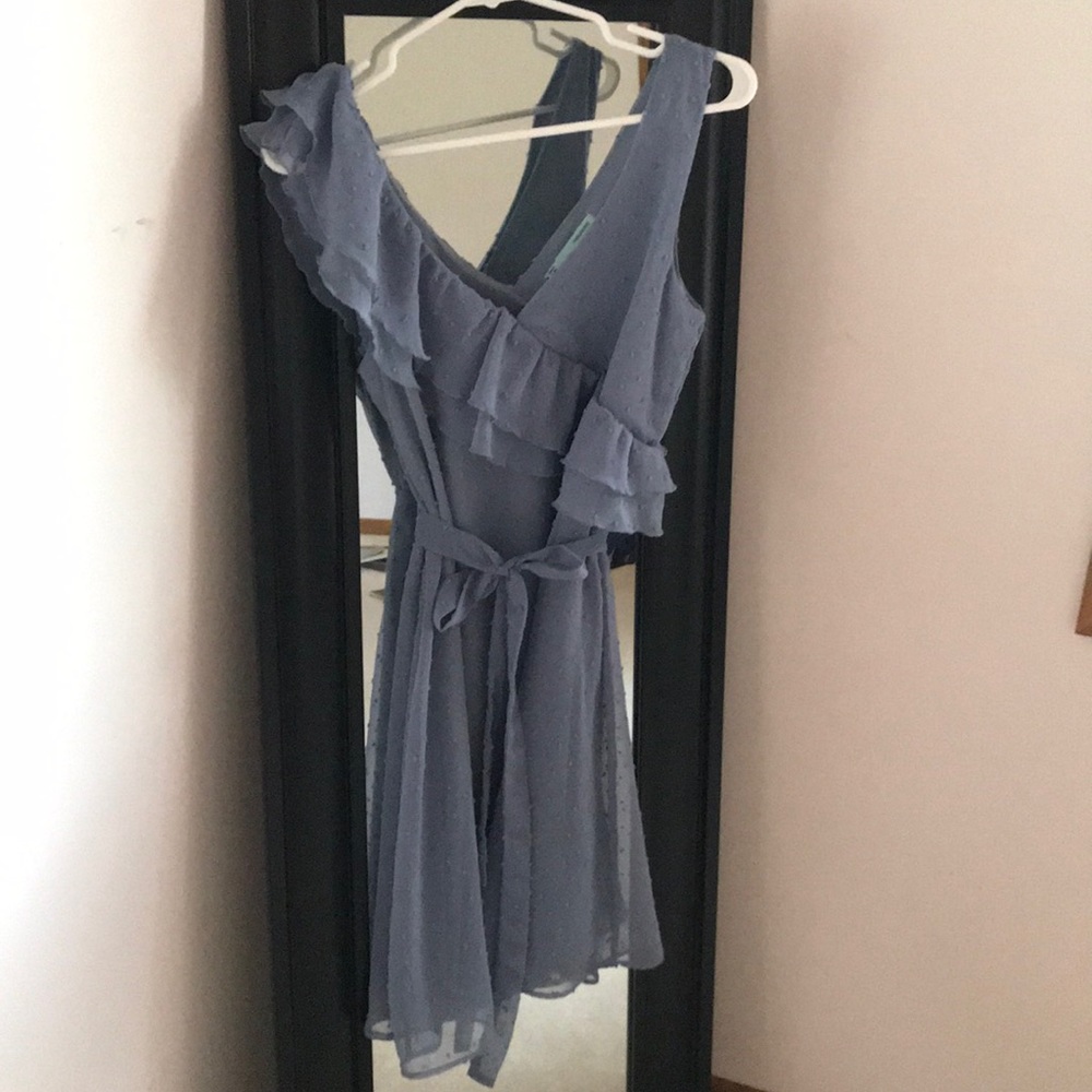 Flowy light blue chiffon dress, ruffle detail - M